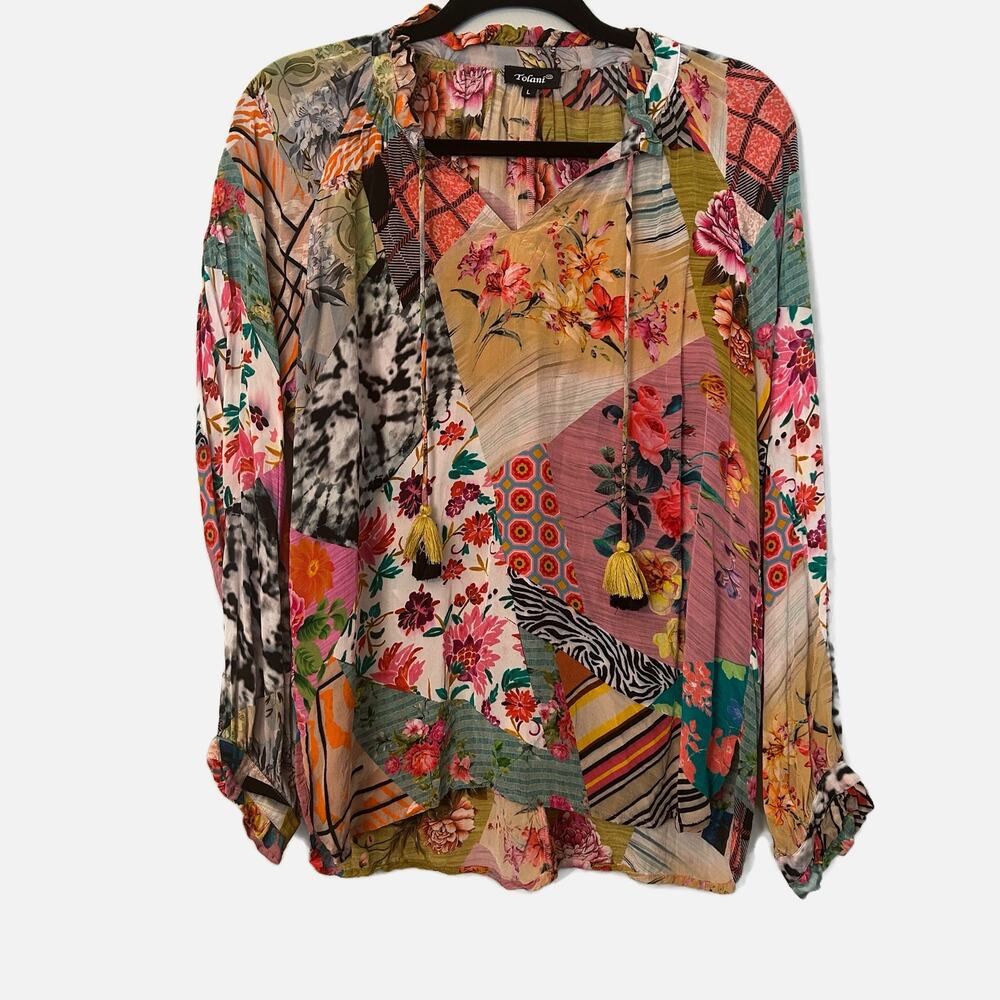 Tolani V-Neck Floral Color block Blouse 100% Cupro with Tassles Woman's Large
